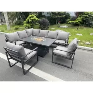 Fimous 8 Seater Outdoor Dark Grey Aluminum Corner Sofa Complete Dining Set with Gas Fire Pit and Gas Heater