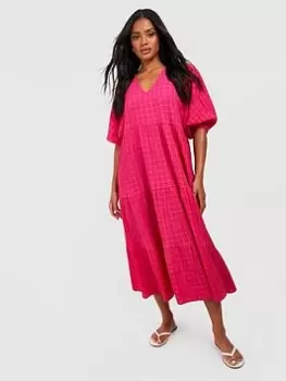 Boohoo Textured Puff Sleeve Tiered Midi Dress - Pink, Size 10, Women