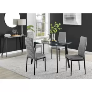 Furniturebox Malmo Rectangular Glass and Black Wooden Leg Modern Industrial Dining Table & 4 Grey Milan Black Leg Faux Leather Chairs