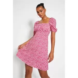 I Saw It First Hot Pink Square Polka Dot Woven Short Puff Sleeve Midi Dress - Pink