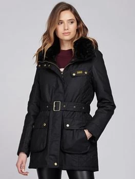 Barbour International Charade Detachable Hood Wax Coat - Black, Size 14, Women