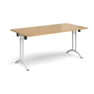 Rectangular folding leg table with white legs and curved foot rails 1600mm x 800mm - oak