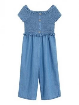 Mango Girls Denim Shirred Bodice Jumpsuit - Blue