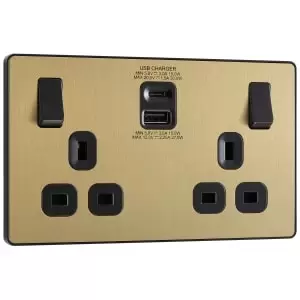 BG Evolve Brushed Brass 13A Double Switched Power Socket with USB C (30W) & USB A (2.1A)