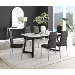 Furniturebox UK - Furniturebox Carson White Marble Effect Rectangular 160cm Dining Table & 6 Black Milan Chrome Leg Faux Leather Chairs