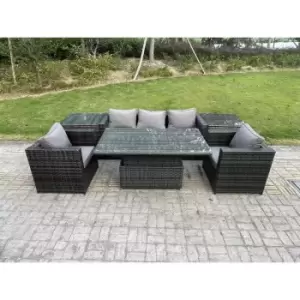 Fimous 5 Seater Rattan Outdoor Dining Sofa Complete Set with Adjustable Table and 2 Side Coffee Tables