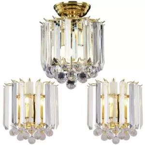 2 Lamp Ceiling 2x Matching Twin Wall Light Pack Semi Flush Brass Acrylic Shade