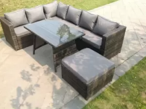 Fimous 6 Seater Outdoor Dark Grey Rattan Lounge Complete Sofa Set with Dining Table and Big Footstool