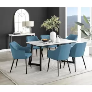 Furniturebox UK - Furniturebox Carson White Marble Effect Rectangular 160cm Dining Table & 6 Blue Calla Black Leg Velvet Chairs