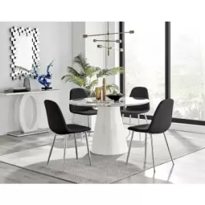 Furniturebox Palma White Marble Effect 120cm Round Minimalist Dining Table & 4 Black Corona Faux Leather Dining Chairs with Silver Legs Diamond Stitch