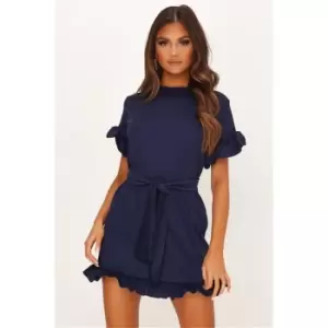 I Saw It First Navy Tie Waist Frill Detail Dress - Blue