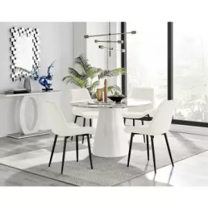 Furniturebox Palma White Marble Effect 120cm Round Minimalist Dining Table & 4 Cream Pesaro Black Leg Velvet Chairs