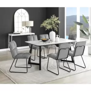 Furniturebox UK - Furniturebox Carson White Marble Effect Rectangular 160cm Dining Table & 6 Dark Grey Menen Velvet Chairs