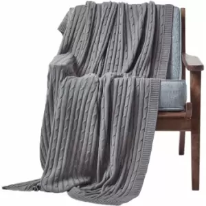 Cotton Cable Knit Throw, Grey, 150 x 200cm - Grey - Homescapes