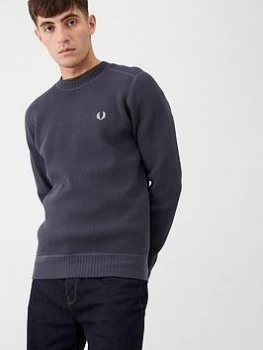 Fred Perry Waffle Textured Crew Neck Jumper - Charcoal, Size S, Men