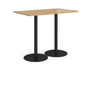 Monza rectangular poseur table with flat round Black bases 1400mm x 800mm - oak