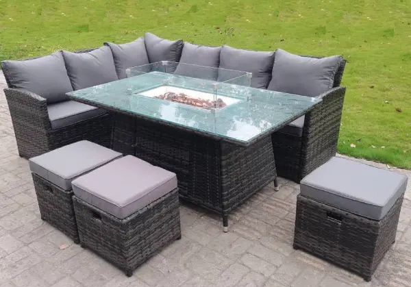 Fimous 6 Seater Outdoor Dark Grey Rattan Lounge Complete Sofa Set with Gas Fire Pit Table and 3 Stools