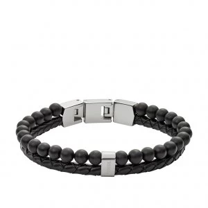 Fossil Mens Black Leather & Agate Bead Bracelet