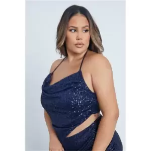 I Saw It First Navy Plus Size Sequin Halterneck Hanky Hem Top - Blue