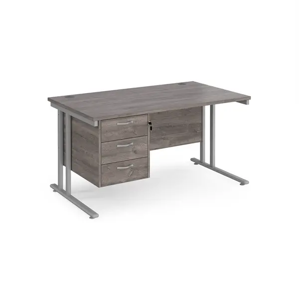 Maestro 25 Grey Oak Straight Desk with 3 Drawer Pedestal and Silver Cantilever Leg Frame - 1400mm x 800mm