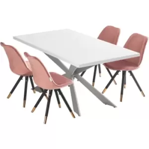 Life Interiors - 5 Pieces Sofia Duke Dining Set - a White Rectangular Dining Table and Set of 4 Pink Dining Chairs - Pink