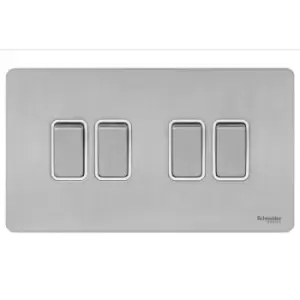 Schneider Electric Ultimate Screwless Flat Plate - 4 Gang Rocker 2 Way Light Switch, Single Pole, 16AX, GU1442WSS, Stainless Steel with White Insert