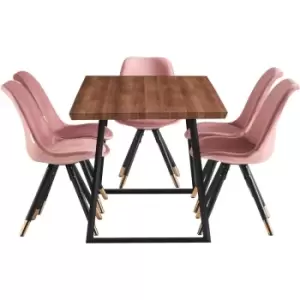 7 Pieces Life Interiors Sofia Toga Dining Set - an Extendable Brown Rectangular Wooden Dining Table and Set of 6 Pink Dining Chairs - Pink