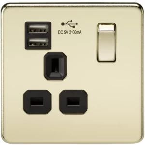 KnightsBridge 1G 13A Screwless Polished Brass 1G Switched Socket with Dual 5V USB Charger Ports - Black Insert