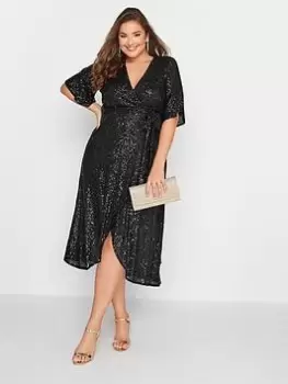 Yours Sequin Double Mesh Wrap Dress - Black, Size 26-28, Women