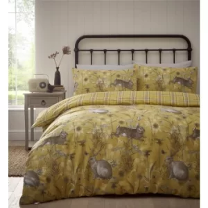 Portfolio Rabbit Meadow Ochre Double Duvet Cover Set Reversible Bedding