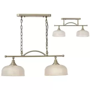 Luminosa DeRuyter Semi Flush, Ceiling Pendant Bar, 2 Light Adjustable E27, Antique Brass, Prismatic Glass