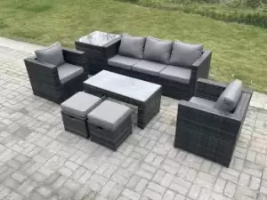 Fimous 5 Seater Outdoor Dark Grey Rattan Lounge Complete Sofa Set with Rectangular Coffee Table, Side Table and 2 Stools