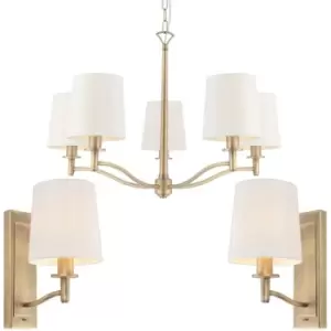 5 Bulb Ceiling Pendant Lamp & 2x Matching Wall Light Matt Antique Brass & Shade