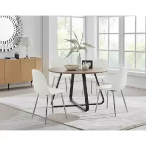 Furniture Box Santorini Brown Round Dining Table and 4 White Corona Silver Leg Chairs