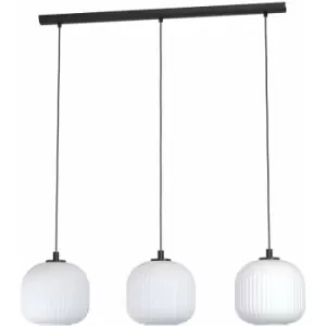 Pendant Ceiling 3 Bulb Light Colour Black Shade White Ridged Glass E27 3x40W