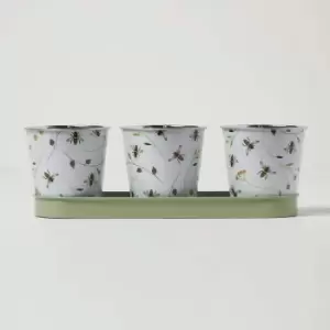 Homescapes - Set of 3 Green and White Indoor Plant Pots with Floral Bee Design - White, Green