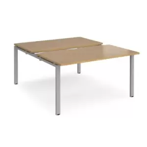 Bench Desk 2 Person Starter Rectangular Desks 1400mm With Sliding Tops Oak Tops With Silver Frames 1600mm Depth Adapt