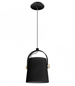 Ceiling Pendant with Black Shade 1 Light E27, Matt Black, Beech with Black Shade