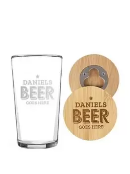 The Personalised Memento Company Personalised 'Beer Goes Here' Wooden Bottle Opener Coaster And Pint Glass