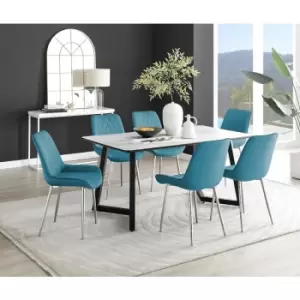 Furniturebox UK - Furniturebox Carson White Marble Effect Rectangular 160cm Dining Table & 6 Blue Pesaro Silver Leg Velvet Chairs