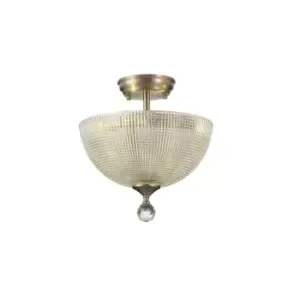 Dresden 2 Light Semi Flush Ceiling Lamp E27 With Round 30cm Prismatic Effect Glass Shade Satin Nickel, Clear