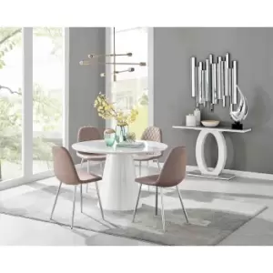 Furniture Box Palma White High Gloss Round Dining Table and 4 Cappuccino Corona Silver Chairs