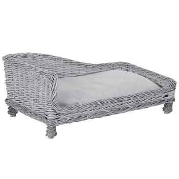 Pawhut Wicker Dog Cat Bed Kitten Lounger Pet Bed Rattan Willow Basket Soft Cushion Lightweight 69 x 42 x 33cm Grey