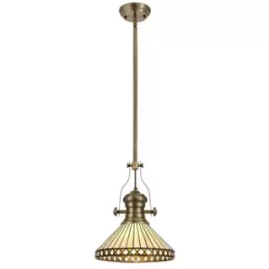 1 Light Telescopic Ceiling Pendant E27 With 30cm Tiffany Shade, Antique Brass, Amber, Crystal - Luminosa Lighting