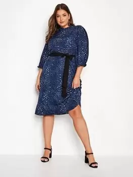 Yours Animal Ruffle Neck Dress, Blue, Size 24, Women