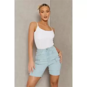 I Saw It First Light Wash Cargo Pocketed Roll Hem Denim Shorts - Blue