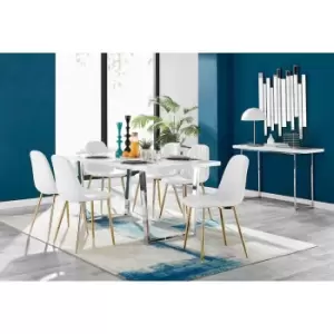 Furniture Box Kylo White High Gloss Dining Table and 6 White Corona Gold Leg Chairs