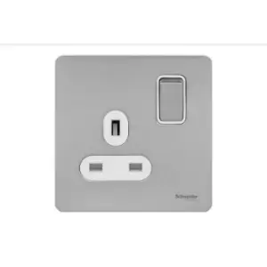 Schneider Electric Ultimate Screwless Flat Plate - Switched Single Power Socket, 13A, GU3410WSS, Stainless Steel with White Insert