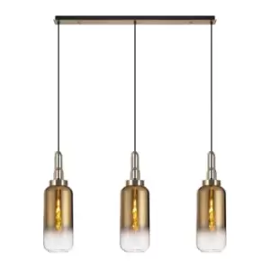 Luminosa Linear 3 Light Pendant E27 With 16cm Cylinder Glass, Brass Gold, Clear Brass Gold, Matt Black