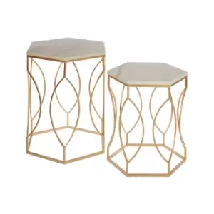 Set of 2 Hexagonal Side Tables in White Marble and Gold